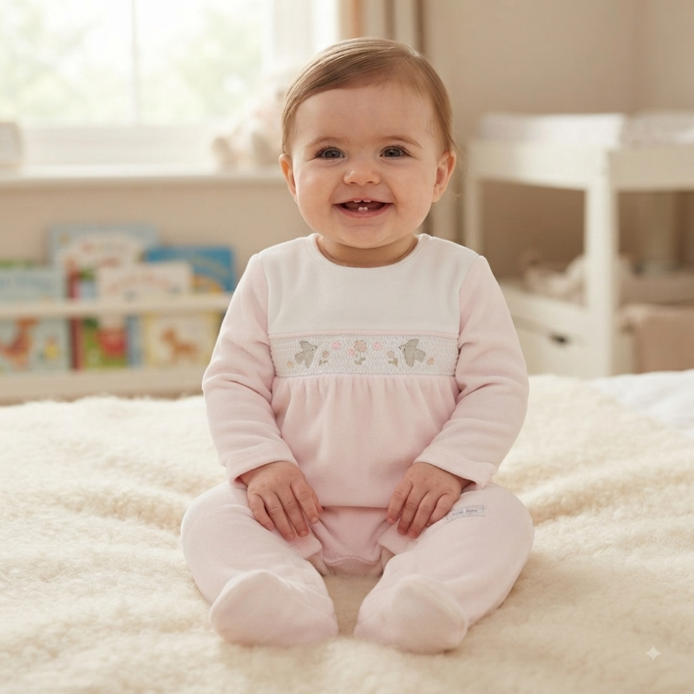 N14621: Baby Girls Smocked Velour All In One (0-9 Months) N14621: Baby Girls Smocked Velour All In One (0-9 Months)